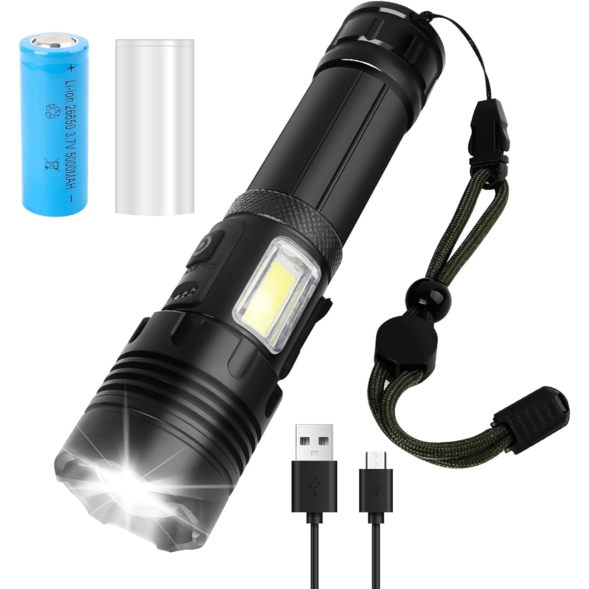 QAQQVQ Flashlight, LED Light, Powerful, Military Handlight, Type-c, USB Rechargeable, 5,000 mAh, Large Capacity, Battery Mobile, Power Function, Remaining Level Indication, White & Red Lamp, COB Work