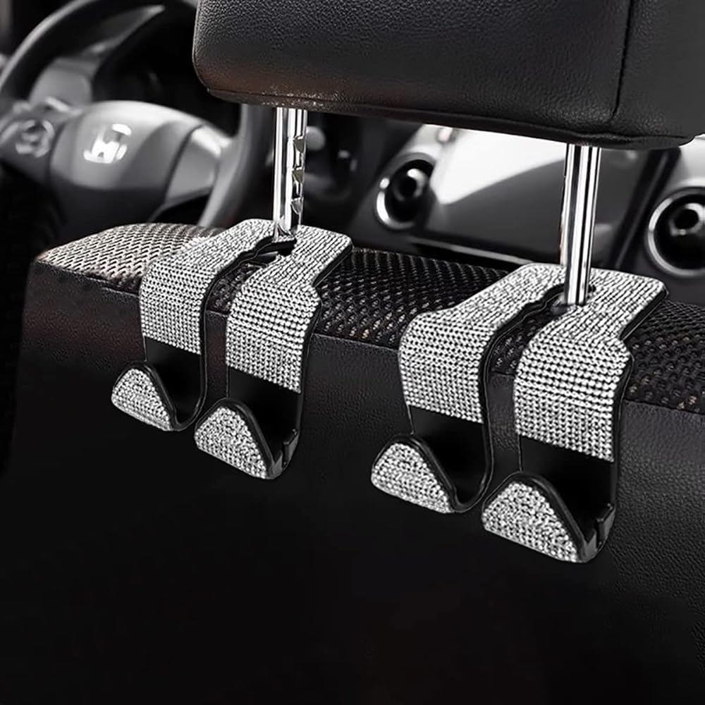 SEAMETAL Bling Car Seat Hook Front Seat Auto Hook Bling Car Hanger Glitter Car Hanger for Back Seat (Silver 2 in 1)