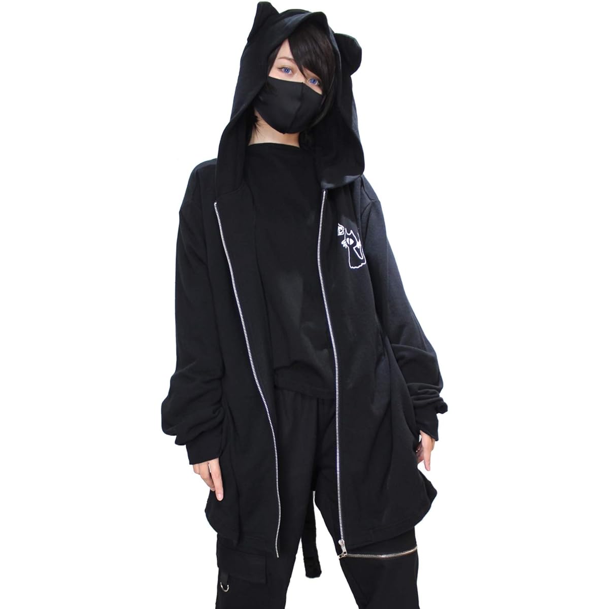 [ROSEATE] With cat ears and tail† One-eyed cat zip hoodie, thin, long length, made in Japan, men's, women's, Japanese pattern, monster