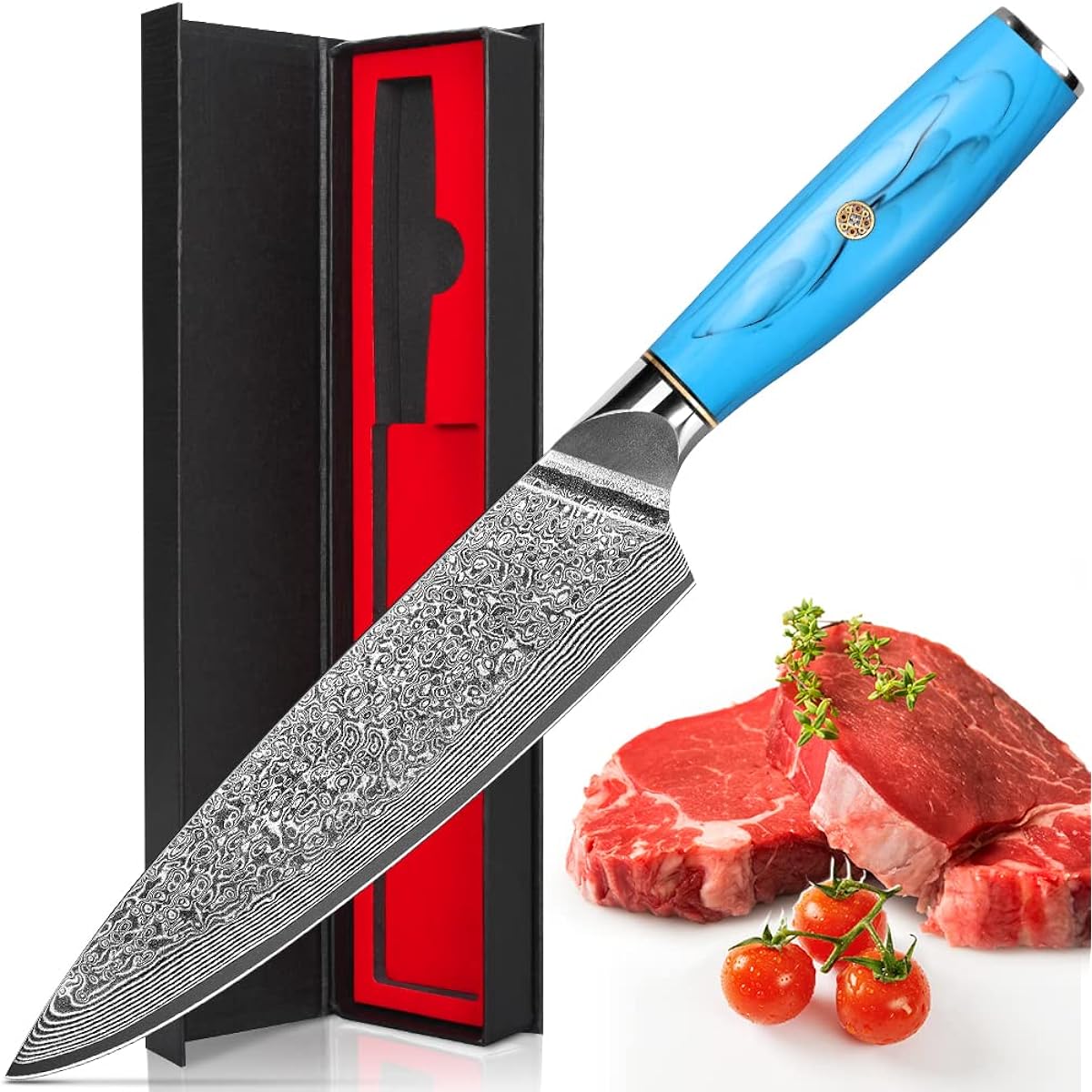 KyushuBlade Chef's Knife Damascus Knife 7.7 inches (195 mm). Professional Chef's Knife, Western Knife, Kitchen Utility Knife, Hand Forged Damascus Pattern Santoku Knife, Double-edged Knife,