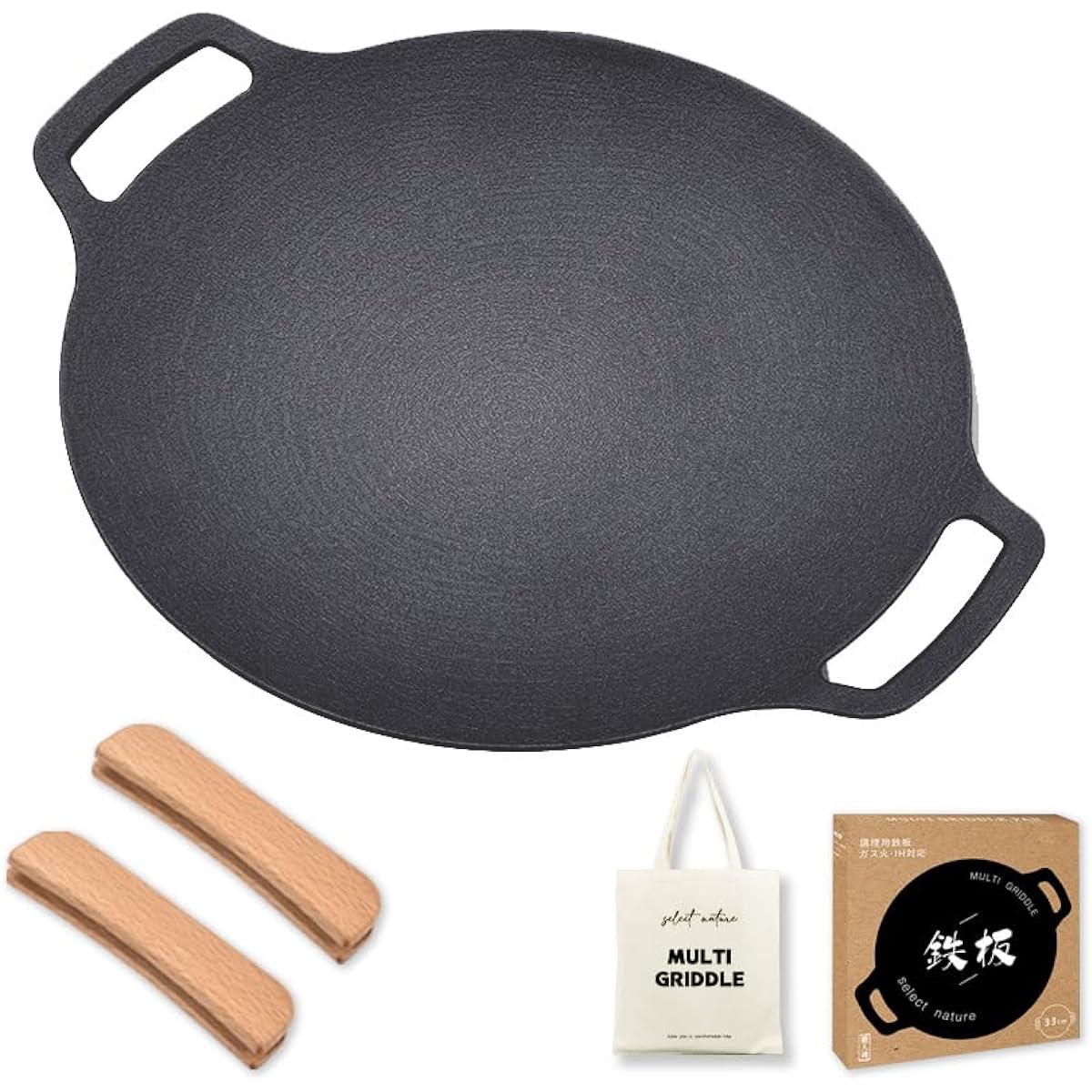 Yuso Multi Griddle 29/33/36cm Iron Plate Grill Pan Direct Fire Gas Fire IH Compatible Lightweight Thickness 4mm Outdoor BBQ Solo Camping Wooden Handle & Storage Bag Included (29cm)