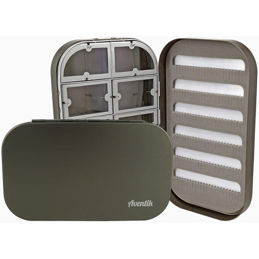 Aventik Aluminum Fly Fishing Box Slit Foam Compartment Easy-Grip Fly Jig Lure Box Ice Fishing Box 6.1x3.7x1.1 inch (15.5x9.5x2.7cm) (Gunsmoke-10WC)