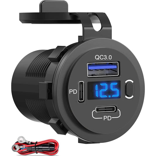 12V USB Outlet Dual USB C Charge Charger Socket & Quick Charge 3.0 Port Voltometer and Power Switch For Boat Marine Truck