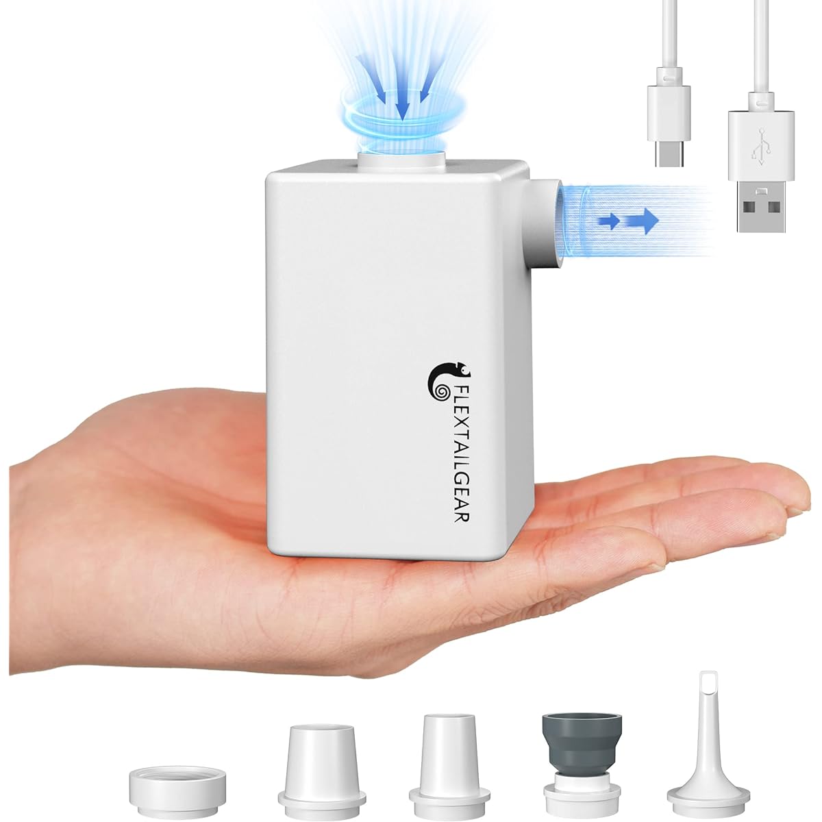 FLEXTAILGEAR - MAX PUMP PLUS Series Portable Air Pump Built-in 3600mAH Battery USB Rechargeable Light Air Pump Small Electric Pump Quickly Inflates and Deflates Air Float, Inflatable Toy, Air Mat, etc.