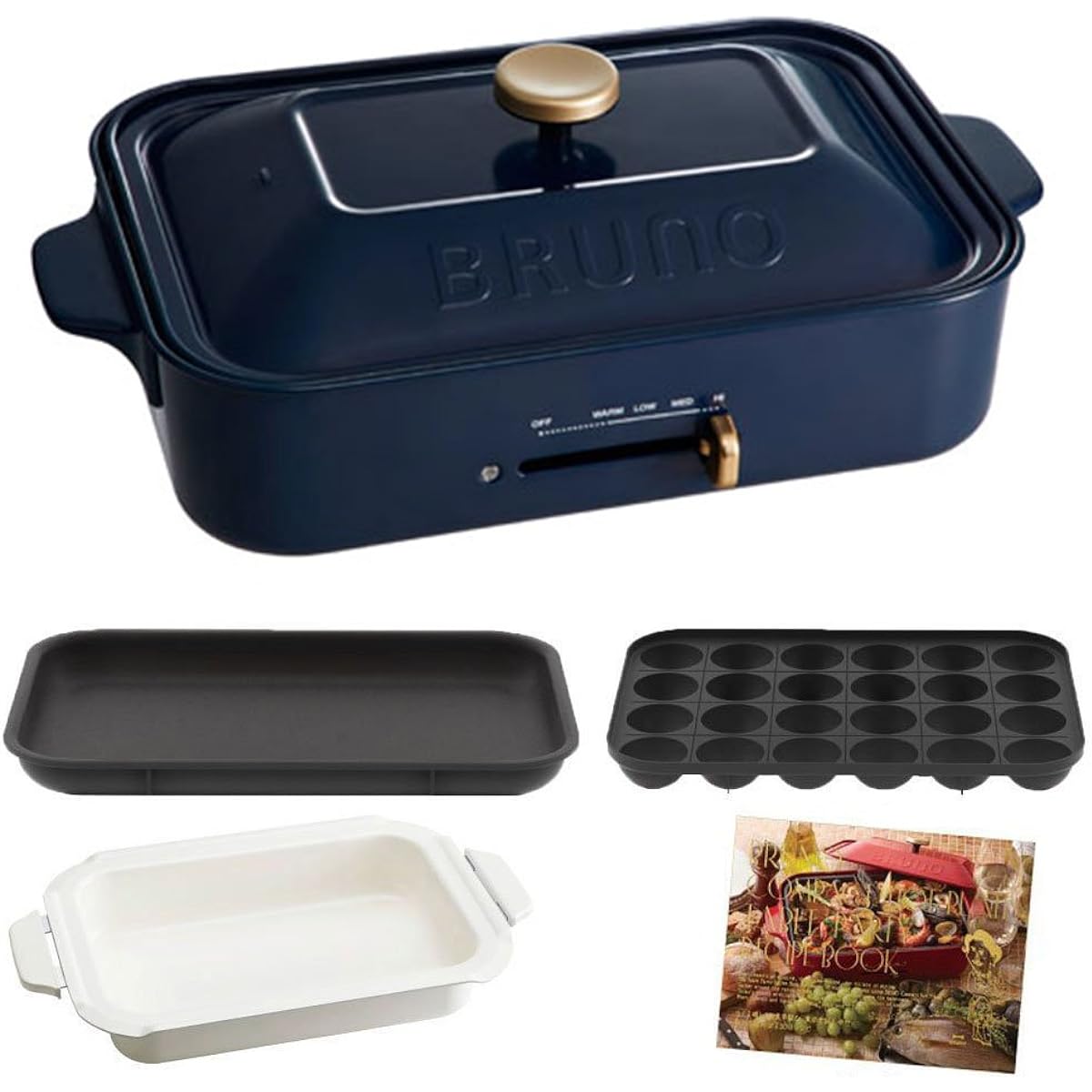 BRUNO [Recipe book included] Bruno compact hot plate Main body 3 types of plates (Takoyaki ceramic coated pot flat surface) Navy Stylish Cute This 1 unit Lid included 1200W Temperature control Easy to wash For 1 person 2 people 3 people Small size Also s