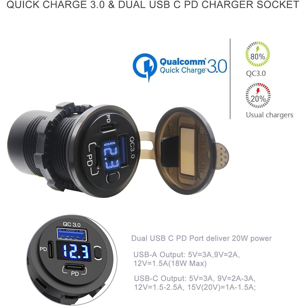 12V USB Outlet Dual USB C Charge Charger Socket & Quick Charge 3.0 Port Voltometer and Power Switch For Boat Marine Truck