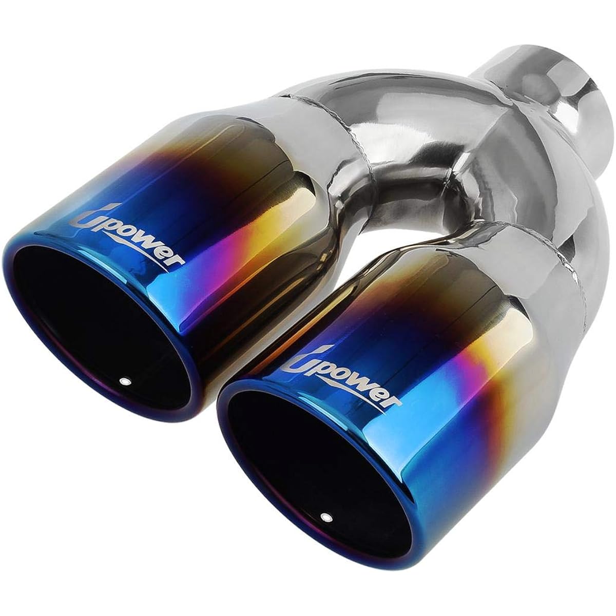 UPOWER 2.5 inch inlet 3.5 -inch outlet dual exhaust chips pipe 2.5 inches to 3.5 inches 9.75 inches stainless steel polished vacuum plating blue 1.2mm tail pipe (single wall, roll edge)