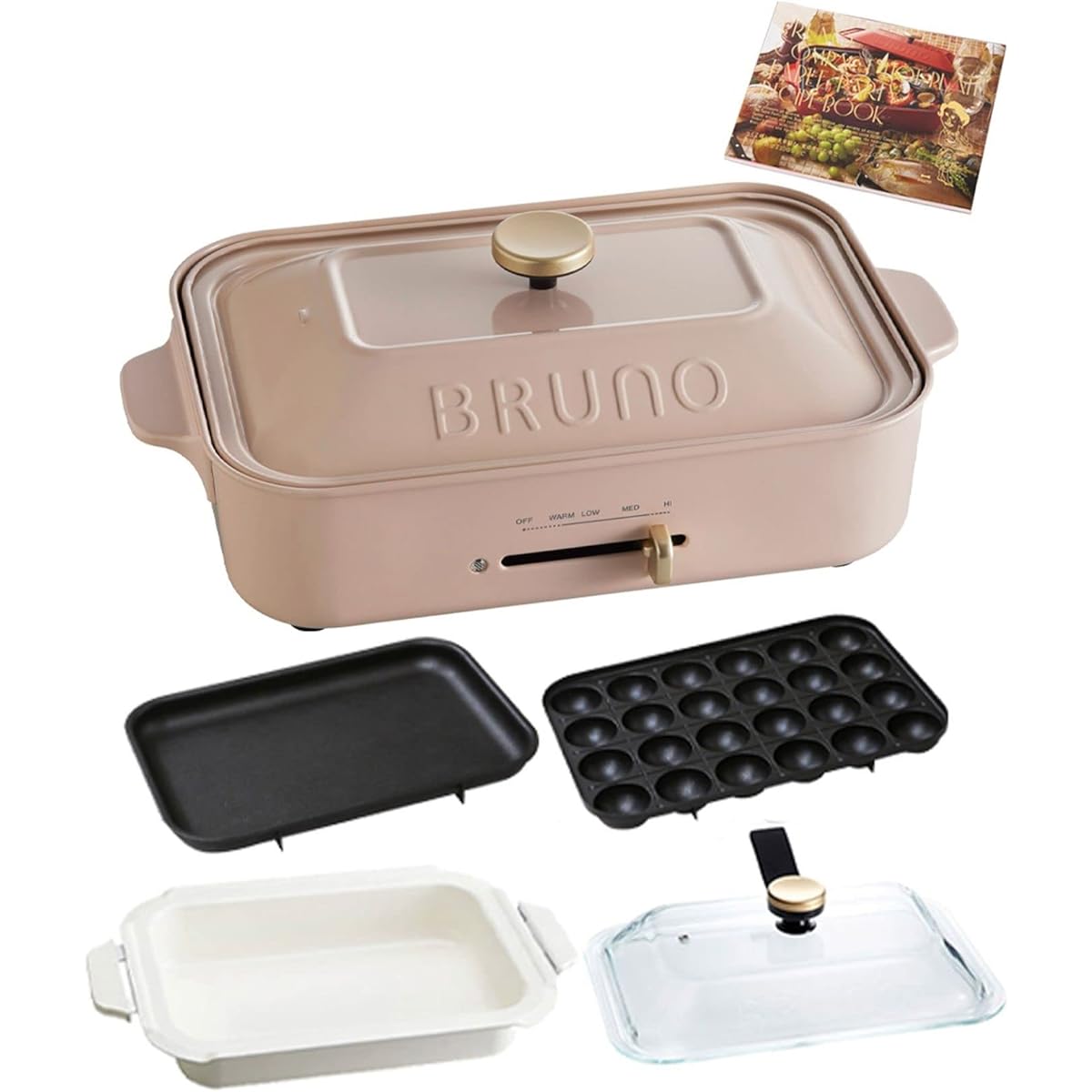 BRUNO BOE021-PBE 1703 Compact Hot Plate, Main Body, 3 Types of Plates (Takoyaki, Ceramic Coated Pot, Flat), Glass Lid, Recipe Book, Pink, Pink, Stylish, Cute, 1,200w, Temperature Adjustment, Easy to