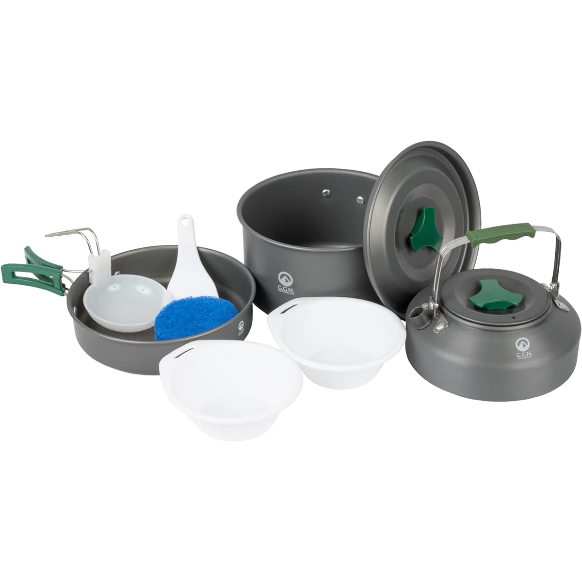 GN Cooker Set Gray/Green Aluminum Frying Pan: 177 x 37 mm 0.7Ⅼ, Pot: 170 x 100 mm 1.7 L, Kettle: 153 x 67 mm 0.8 L 600 g