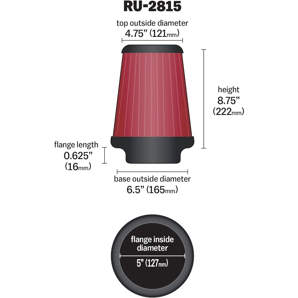 K & N Universal Clamp-on Air Filter: High performance, premium, washing, replacement filter: Flange diameter: 5 inches, 8.75 inch height: 1 inch length, shape: circular taper, RU-2815, RU-2815