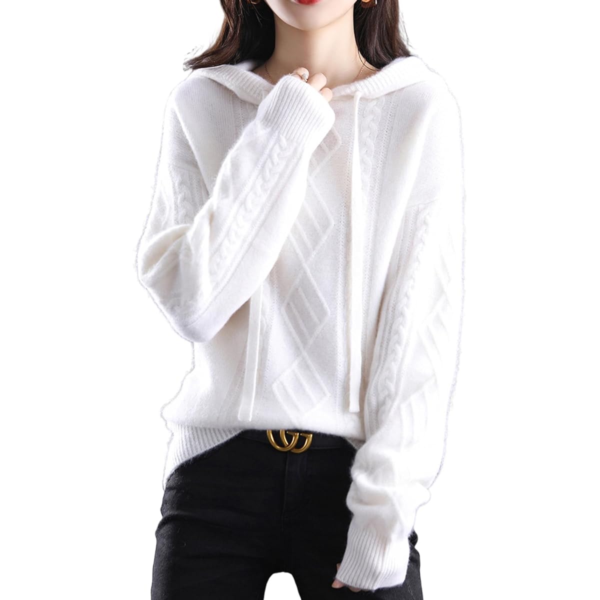 [J.STORE] Knit Parka Cable Knit Hooded Long Sleeve Pullover Loose Autumn Winter Tops Women's
