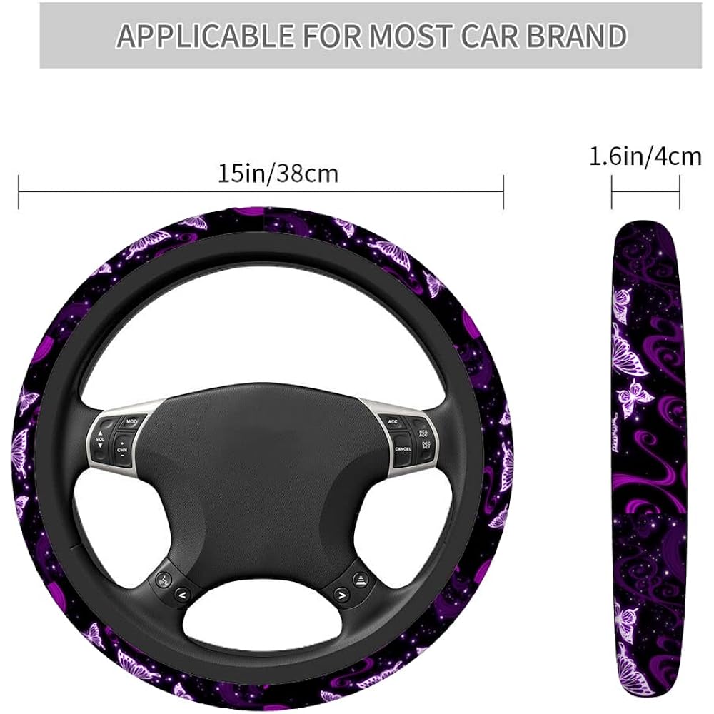 SWONO Butterfly Purple handle cover Men's Ladies Abstract Purple Butterfly and Flower Black Universal 15 inch Auto Neophane Case Roses Wheel Protector
