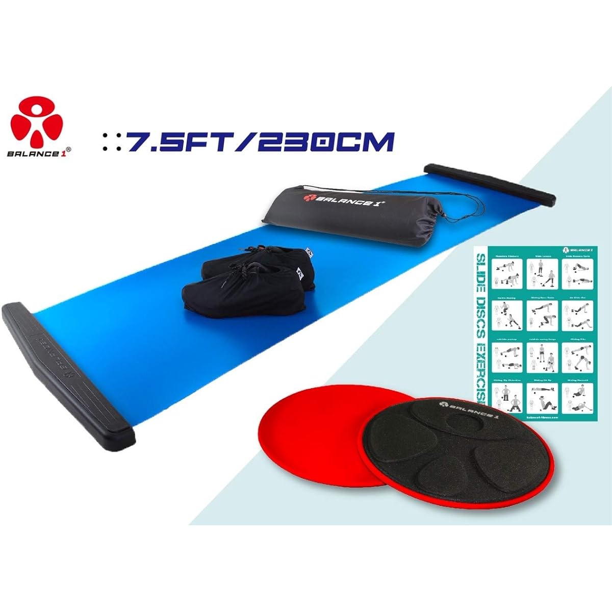Balance One Slide Board Sliding Board EX 230cm with sliding disc for lower body strengthening, core training, dieting, easy to carry, non-slip and board integrated (230cm)
