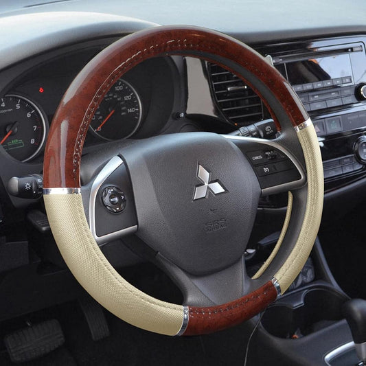 BDK Beige/Tan/Dark Wood Style Comfort Grip Leather Handle Cover Universal Fit Car Sedan, SUV, Truck (14.5 ~ 15.5 inch) (SW-238-BG)