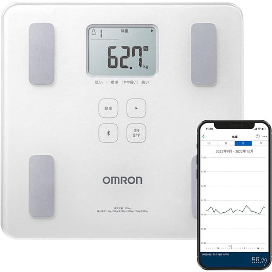OMRON Weight Body Composition Meter HBF-230T-SW Smartphone Linked Body Fat Percentage BMI Skeletal Muscle Percentage Compatible with OMRON Connect Automatic Recognition Shiny White