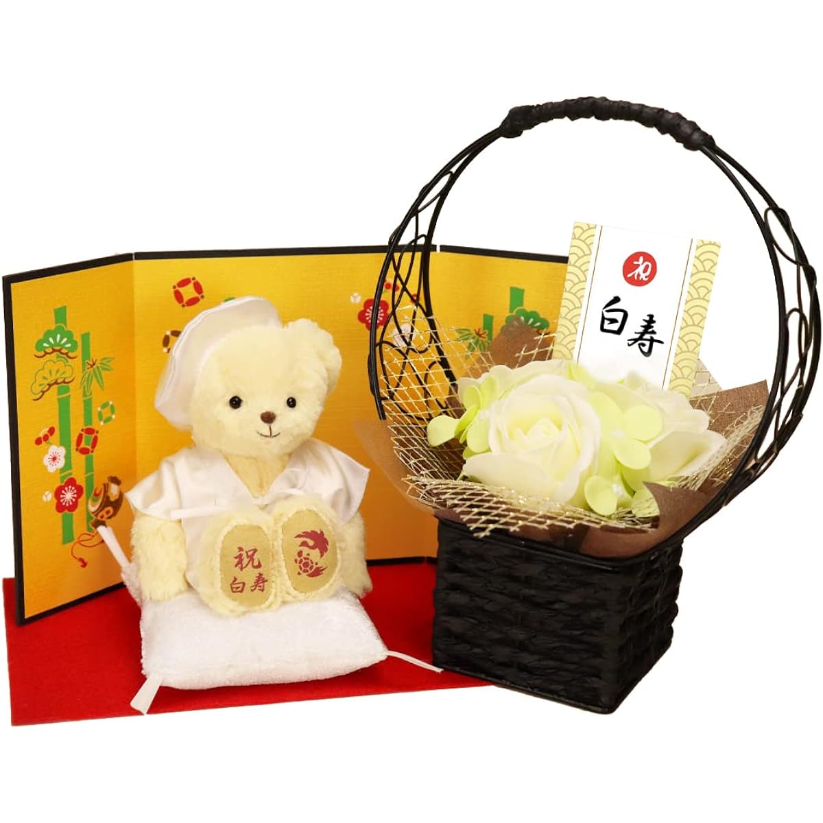[Petit Roux] A celebratory teddy bear wearing a white Chanchanko for Hakuju (gold folding screen fragrance soap flower)