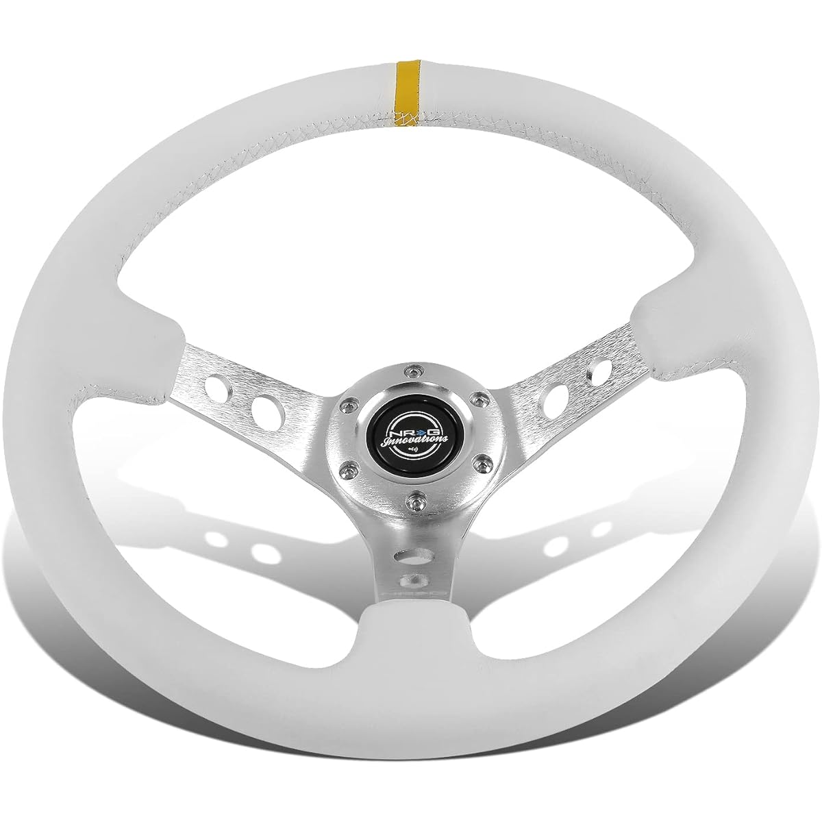 NRG Handle -Deep Dish -350mm (13.78 inches) - White Stitch on White Leather -Yellow Center Marking -Part Number ST -WT -Y by NRG Innovations