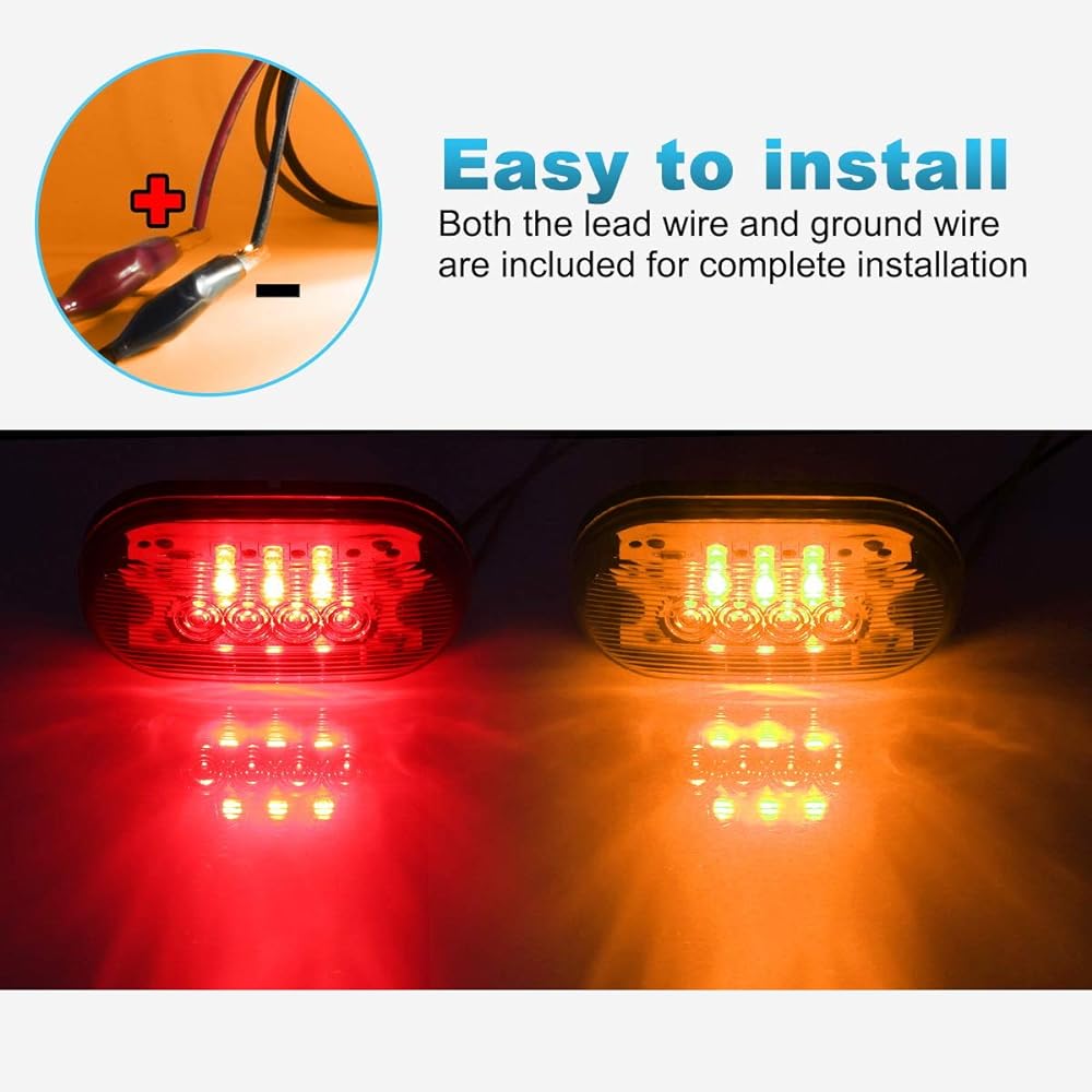 PARTSAM Amber 2 pieces + 2 Red 2V 4 inch x 2 inch Oval LED Truckside Marker Light surface Mount 10 Diode, Sealed Trailer LED Clearance and Side Marker Light Black Base LED LED Light
