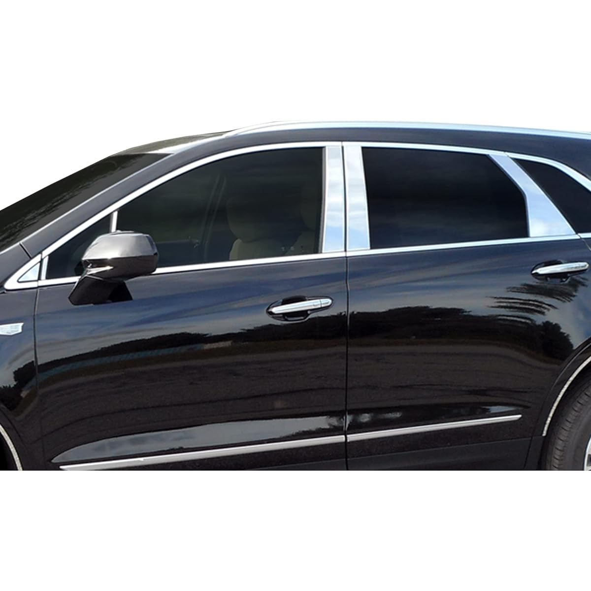 QAA is compatible with the 2017-2020 Cadillac XT5 12 Piece Stainless steel pillar post trim, two front pillars and one triangle piece, mirror front PP57263