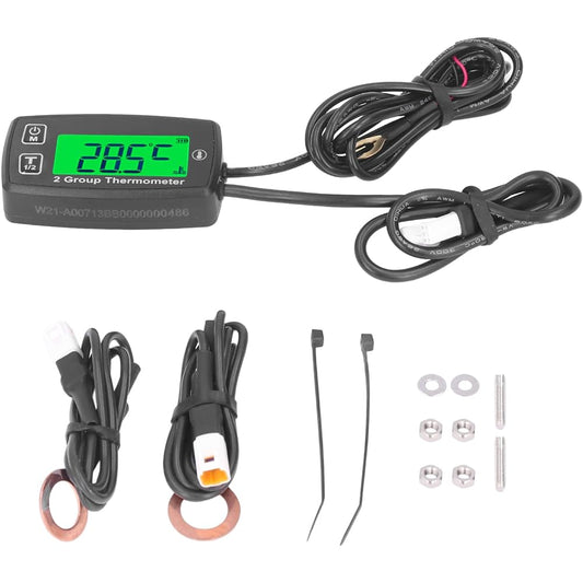 DOQN Engine Temperature Gauge, LCD Tachometer Heat Resistant Dual Channel, Green Backlight for Motorcycle, Boat ATV
