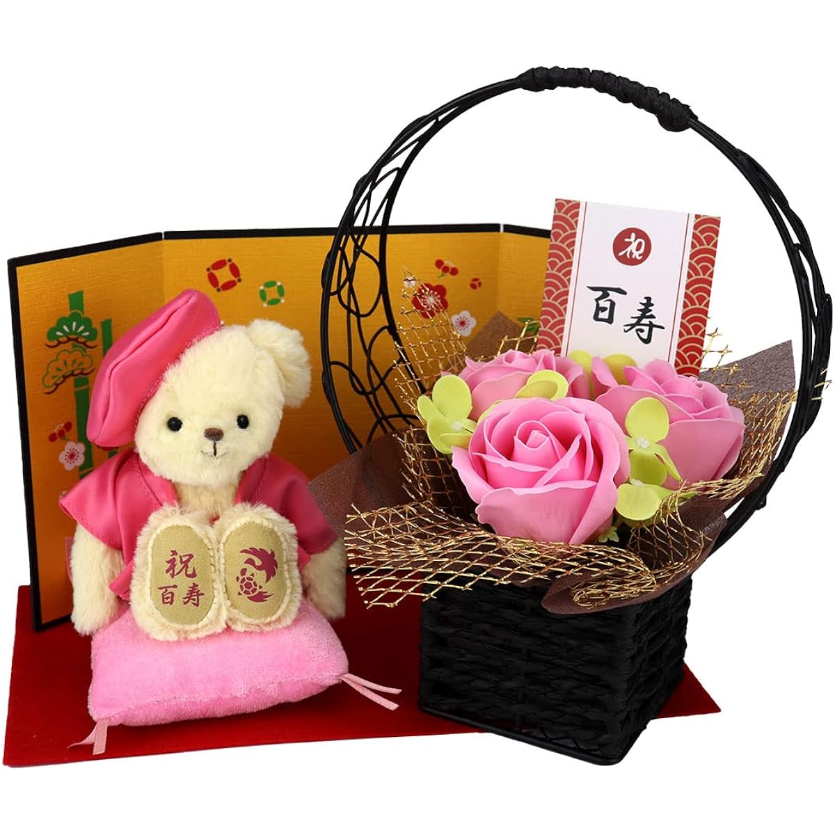 [Petit Roux] Pink Chan-chan this celebration teddy bear for centenarians (gold folding screen fragrance soap flower)