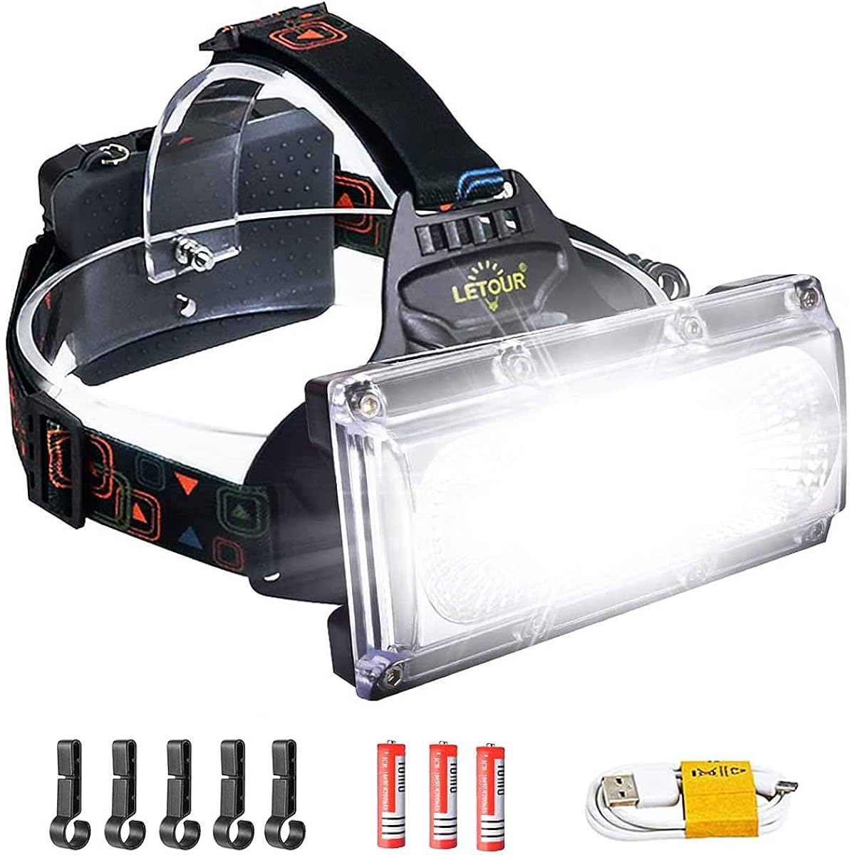 LETOUR LED Headlight Headlamp 1800LM 4 Lighting Modes High Brightness Wide Angle Lighting Waterproof IPX5 USB Rechargeable Outdoor Light Disaster Prevention Work Night Fishing Camping Climbing 3 Batteries Included