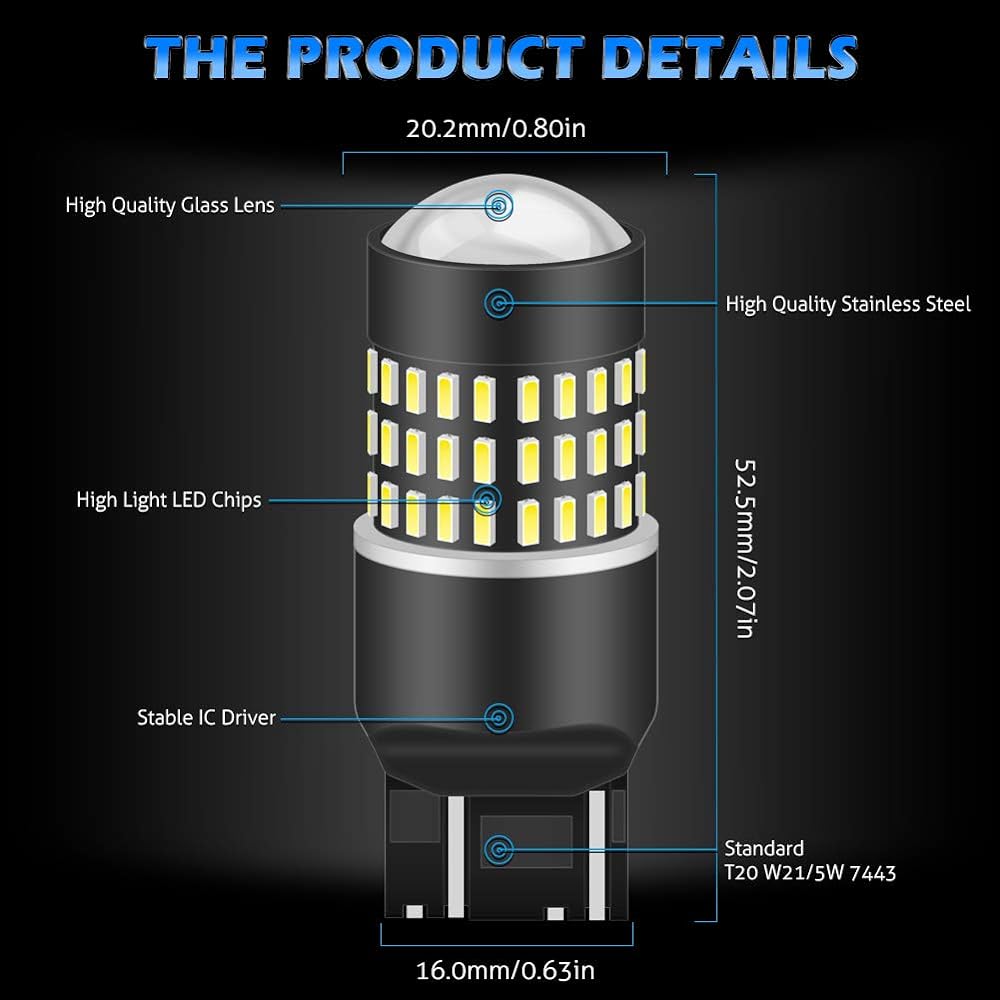 KaTur 10pcs 900 Lumens 7443 7444NA 7440 7440NA 992 Base Super Bright 3014 78SMD Lens LED Bulb Brake Turn Signal Tail Backup Reverse Brake Light Lamp White 12V 4W