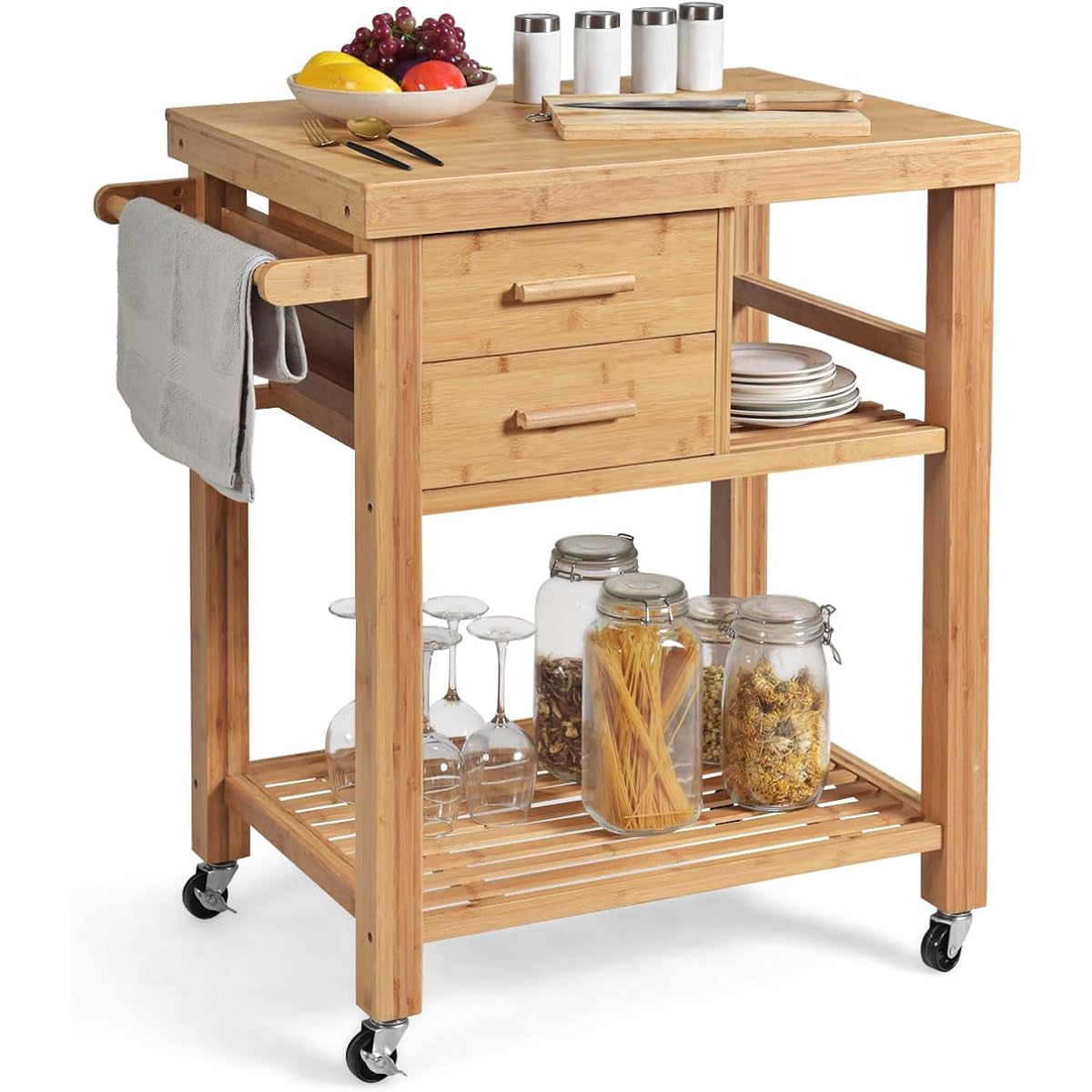 Costway Kitchen Wagon Storage Wagon 3 Tiers with Casters Bamboo Storage Cart Mobile Cabinet Rolling Cart Drawer with Handle Storage Wagon Documents Tools Small Items Storage Kitchen Office Restaurant Warehouse