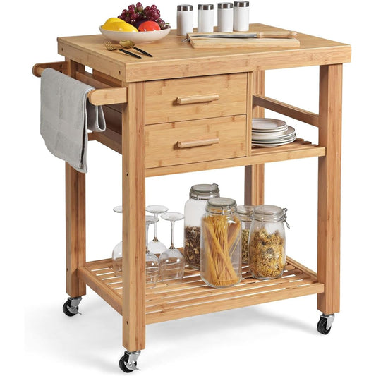 Costway Kitchen Wagon Storage Wagon 3 Tiers with Casters Bamboo Storage Cart Mobile Cabinet Rolling Cart Drawer with Handle Storage Wagon Documents Tools Small Items Storage Kitchen Office Restaurant Warehouse
