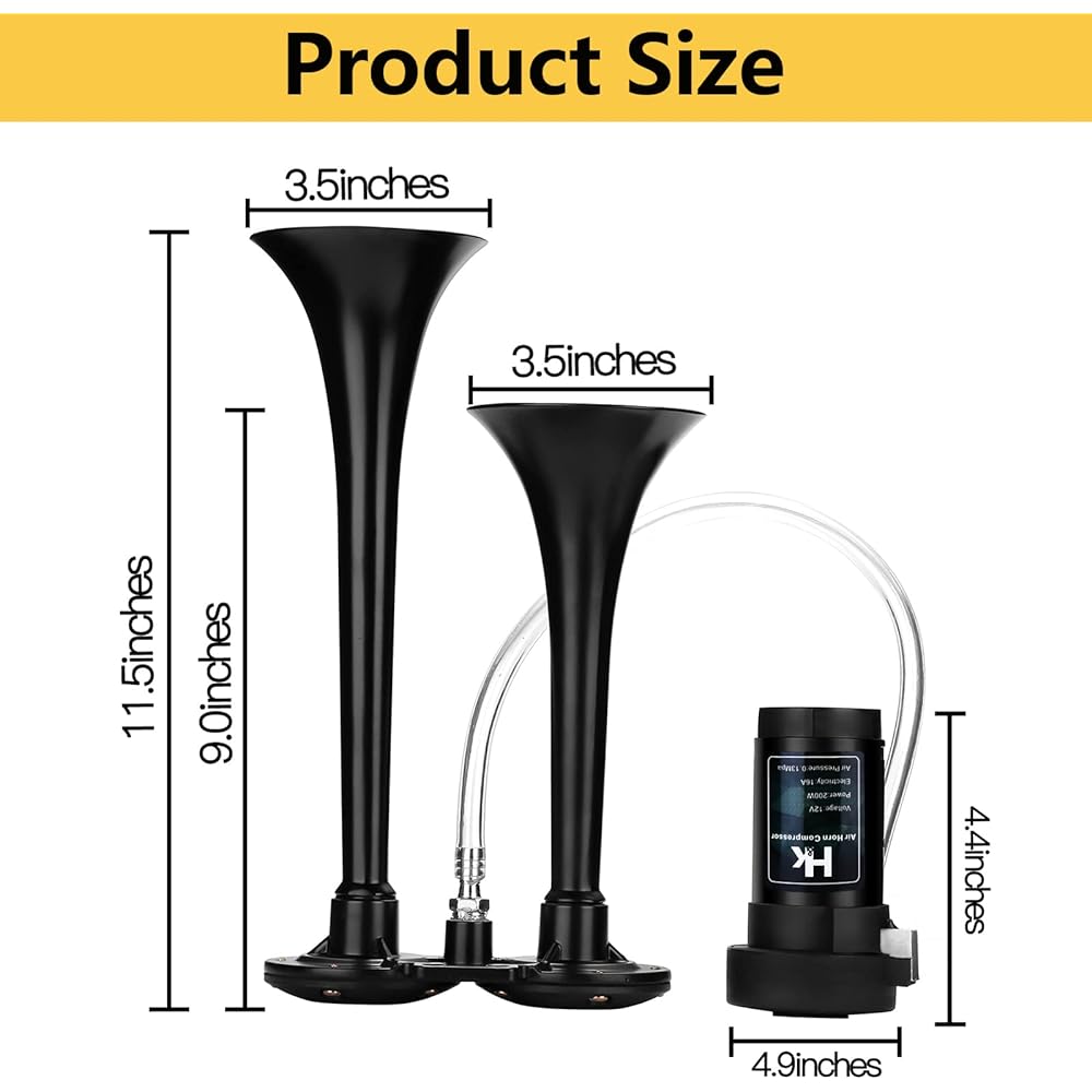 HK 12V 150DB Cars Super Loud Duart Lumpet Air Horn Kit with Compressor 12V Rolling Track Train Boat Car Bankit (Black)