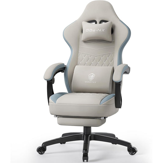 Dowinx Gaming Chair Fabric with Ottoman Office Chair Computer Chair Footrest Desk Chair Gaming Cloth Pocket Coil PC Chair High Back Cool Gel Seat Sofa Comfortable Gray