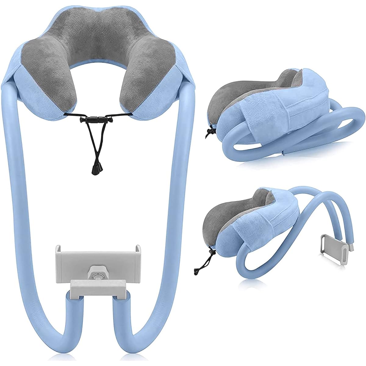 Linkidea Neck Pillow Cell Phone Holder for Bed 2 in 1 Adjustable Gooseneck Cell Phone Stand with 360 Clip Flexible Tablet Arm Pillow for Neck Compatible with 4"-10" Smartphone Size (Blue)