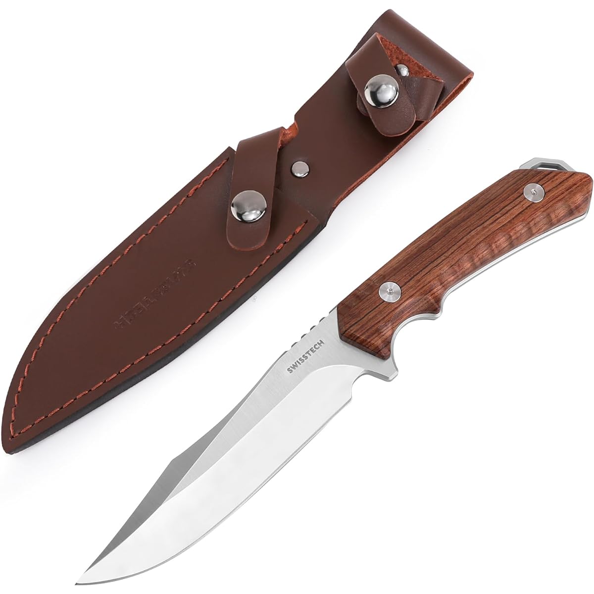 SWISS+TECH sheath knife, outdoor knife, camping knife, full tang structure, natural wood handle, total length approximately 26cm [with case]