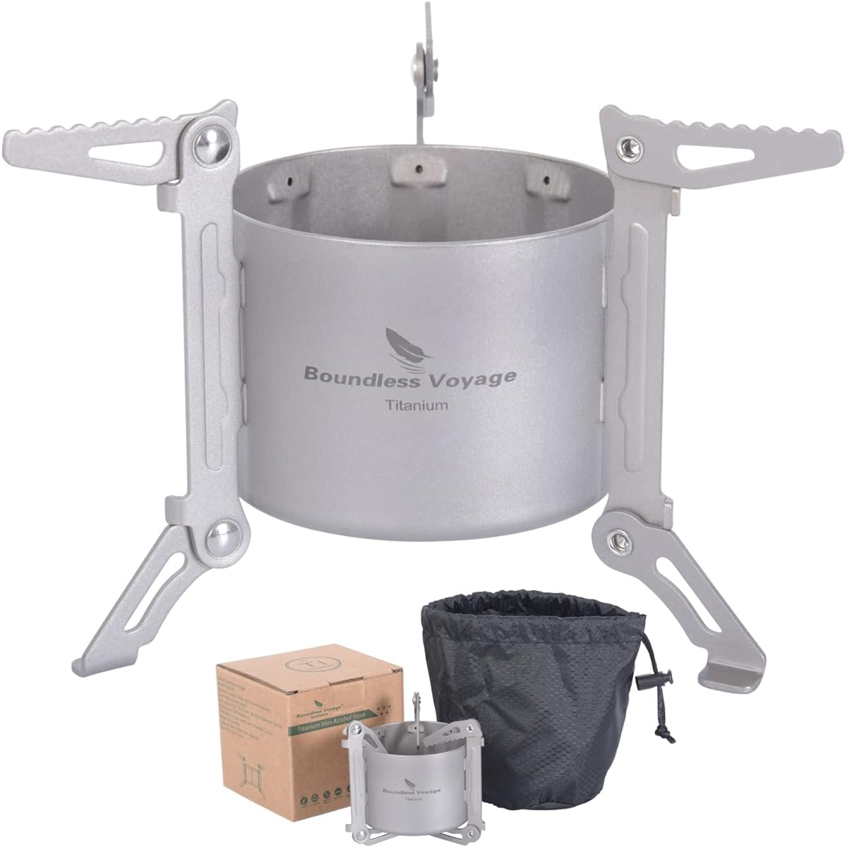 Boundless Voyage 80ml Titanium Alcohol Stove Lightweight Small Trivet Folding Stand Burner Camping Climbing Disaster Prevention Outdoor Equipment Cooking Storage Bag Included A-Ti2016C
