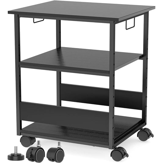 Holdm [W60*D50*H70cm] Printer Stand with Casters, Computer Rack, Middle Shelf Height Adjustable in 9 Levels, Handles on Both Sides, PC Wagon, Audio Rack, Under Desk Storage Shelf, Wooden, Sleeve Desk, Slim Office Storage, Office Wagon (Black), 360 Degree