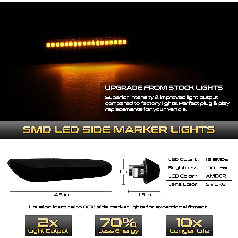 VIPMOTOZ Dark Smoke Lens Full LED Front Fender Side Marker Light Winker Lamp Assembly replacement BMW E82 E88 E90 E92 E60 E60 E61 E83 Ride seat & passenger seat side side side side