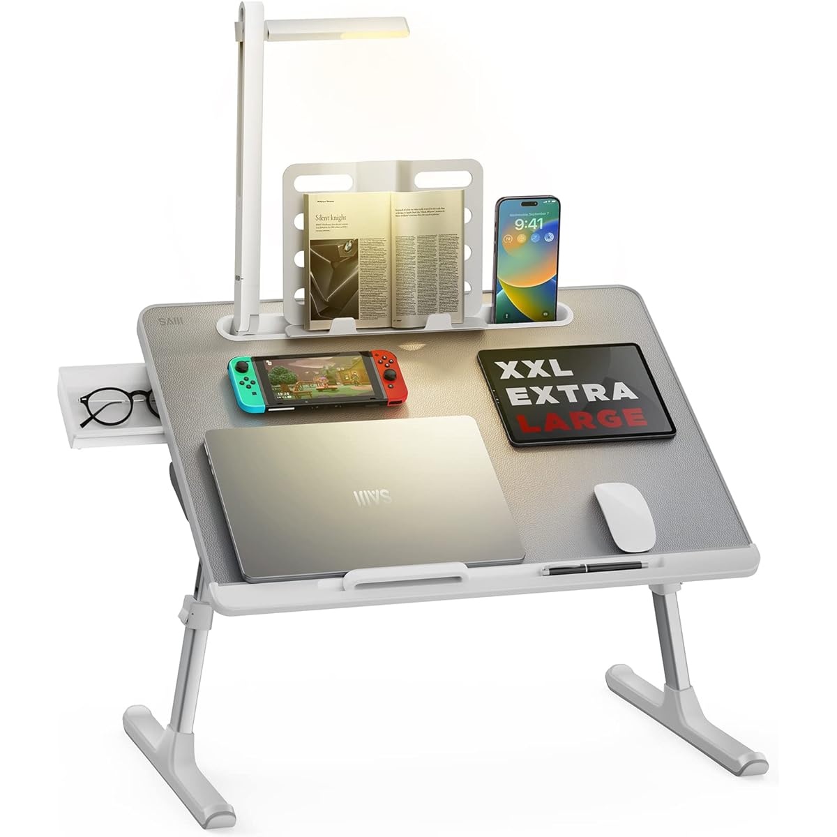 SAIJI Folding Table, LED Light, Retractable 3 Levels Brightness Adjustment, Mini Table, "Stability Enhancement" Desk, Low Table, Bed Table, Laptop Table, Chabu Table, Large Capacity, Top Plate, Angle