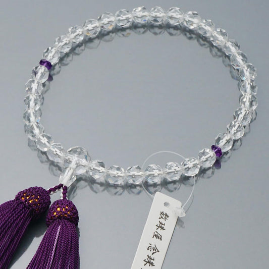 Prayer beads made in Japan <Made in Japan Prayer beads for women> Genuine crystal 32-sided cut Amethyst crystal [Bead bag included] Pure silk tassel (100% silk) Domestic prayer beads that can be used by all sects [Long-established prayer bead manufacture