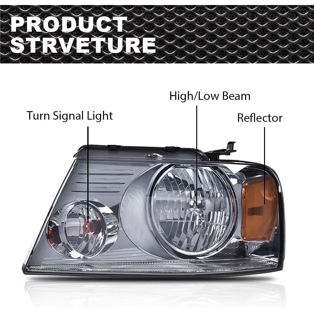 CNNELL Headlight 2004-2008 FORD F150 Pickup/2006-2008 Lincoln Mark LT (04 F150 HERITAGE/FLESIDE BEDS model not compatible) Smoky lens chrome housing Amber Reflector
