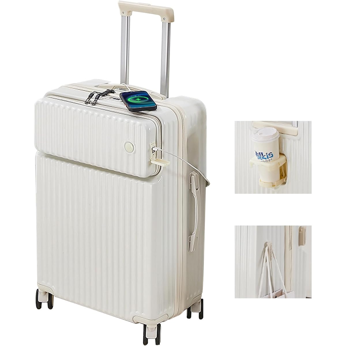 [Manatsulife] Carry Case, Suitcase, Travel, Business Trip, Ultra Light, Front Open, Includes Cup Holder, USB Port, Dry/Wet Separation, Lock Included, Quiet, Shockproof, Business, Stylish XBM02 (M(47L), White)