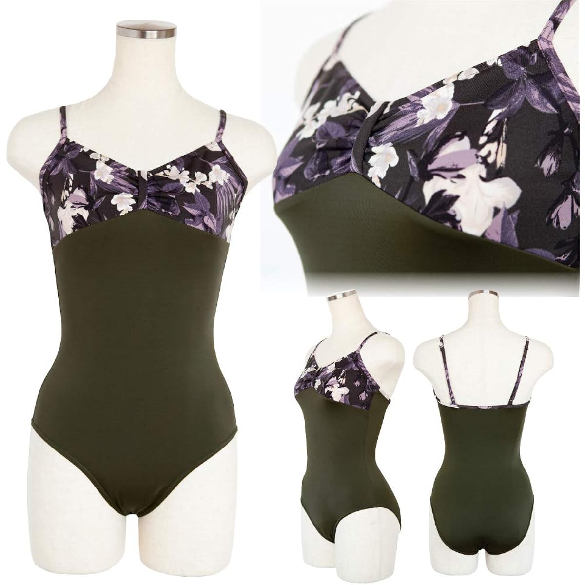 Ballet Leotard for Kids Juniors to Adults [Olive Flower Ribbon Passe] Skirtless Leotard Floral Pattern Made in Japan 3 Year Warranty Included