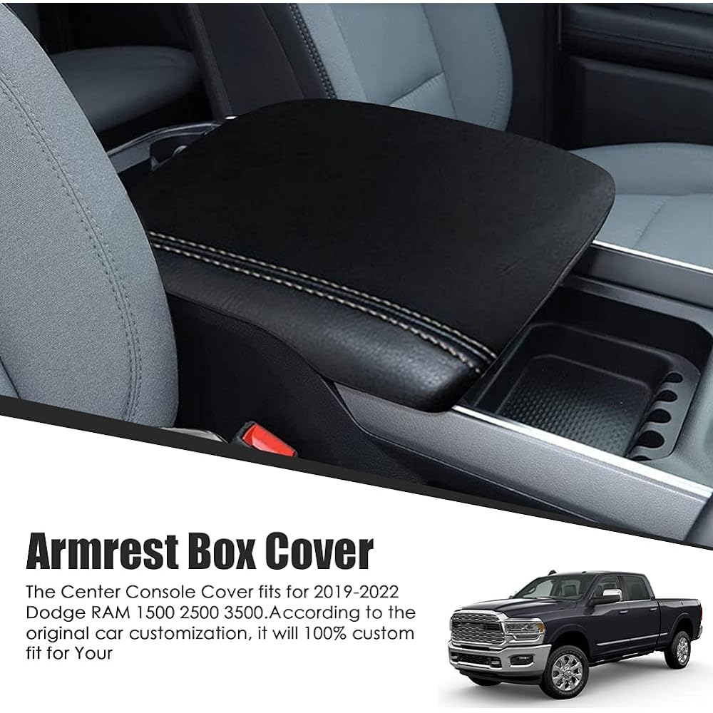 Sportuli Center Console Cover Prevention Leather Arm Rest Pad replacement 2019-2022 2023 DODGE RAM 1500 2500 3500 (Black Stitch)