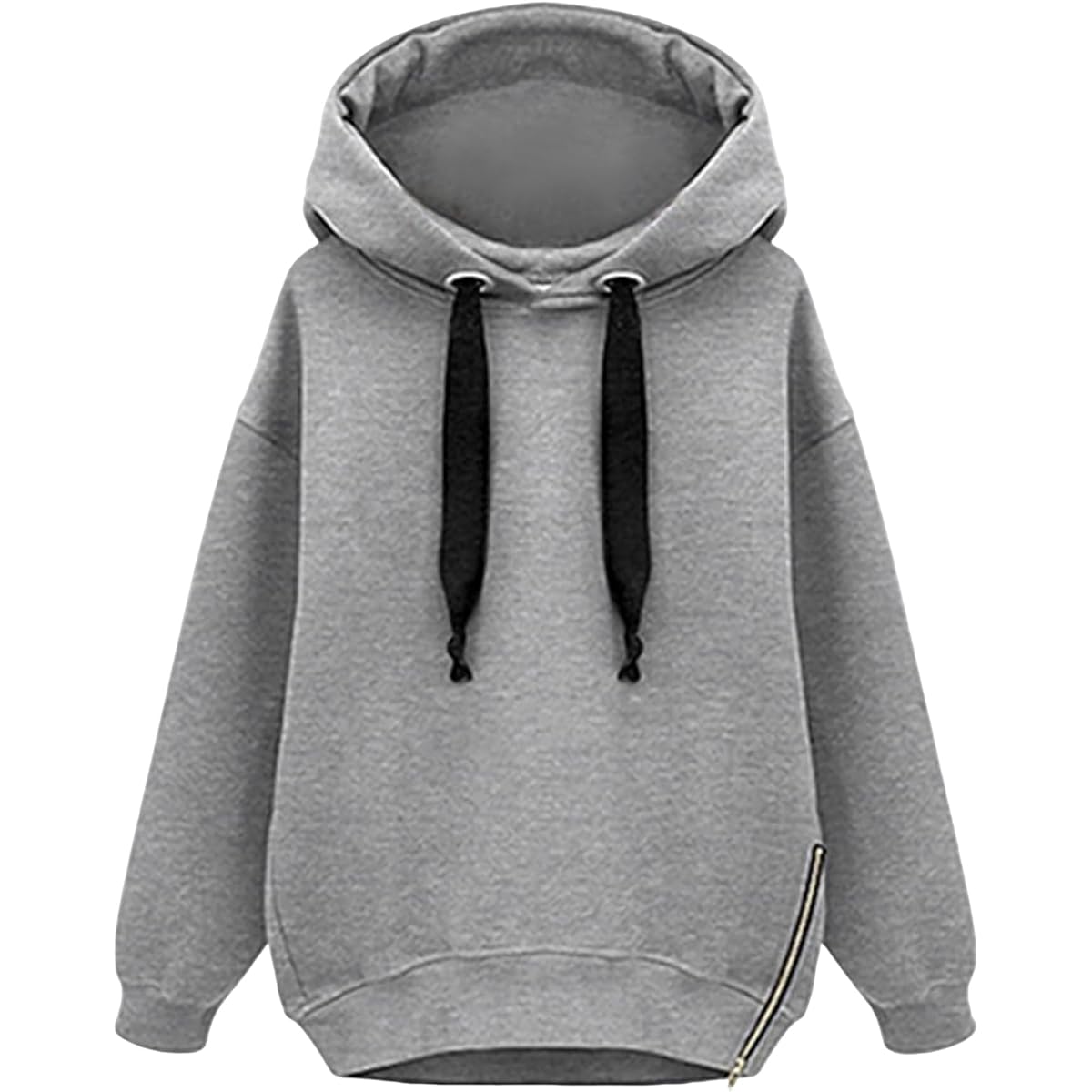 [Tiernyueth] Women's Parka, Sweatshirt, Lace-up, Zip, Side Slit, Long Sleeve, Top, Plain Puff Sleeve, Fleece, Cold Protection, Spring, Autumn, Winter, Stylish, Body Coverage, Simple, Large, Loose, Office, Cute, Pretty, Casual, Commuting