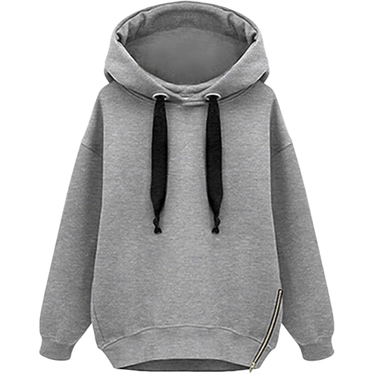 [Tiernyueth] Women's Parka, Sweatshirt, Lace-up, Zip, Side Slit, Long Sleeve, Top, Plain Puff Sleeve, Fleece, Cold Protection, Spring, Autumn, Winter, Stylish, Body Coverage, Simple, Large, Loose, Office, Cute, Pretty, Casual, Commuting