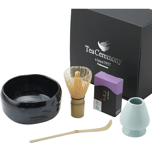 Tokumasu tea utensil specialty store Matcha set Japanese matcha tea bowl Mino ware Matcha set Made in Kyoto Kanbayashi Harumatsu main store Uji matcha tea utensils Easy way to make matcha Japanese and English versions (front and back) instructions includ