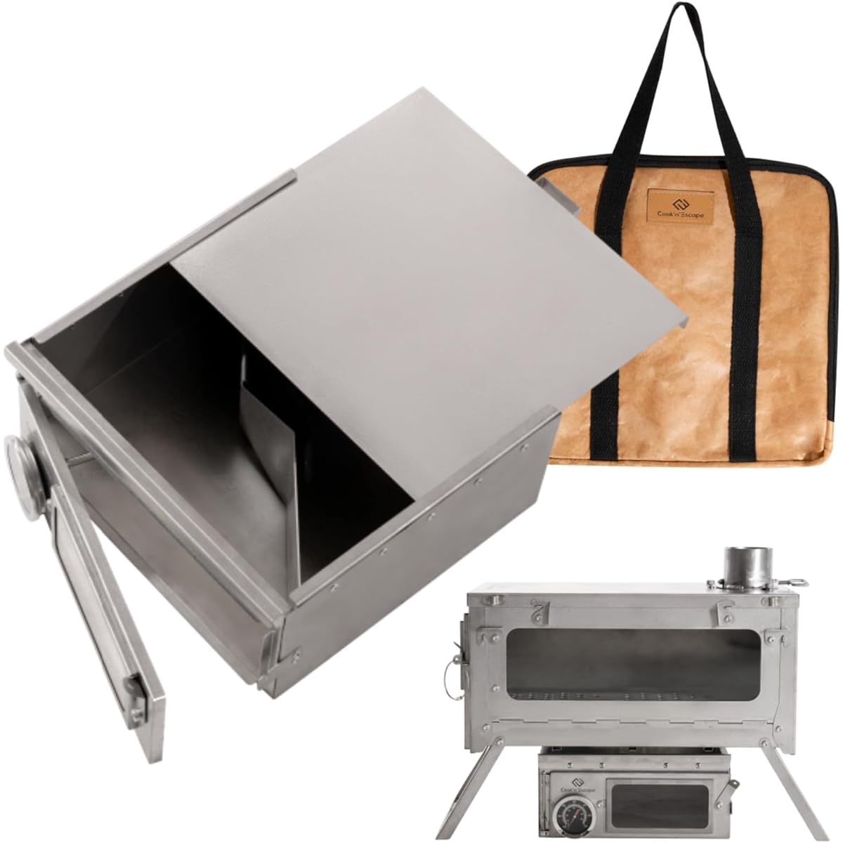 COOK'N'ESCAPE Titanium Oven for Wood Stoves, Compact, No Assembly Required, Lightweight 0.9kg, Thermometer, Pizza Server, Storage Bag Included, Heat-Resistant Glass Window, Stable, Ideal for Solo Camping [Eligible invoices apply]