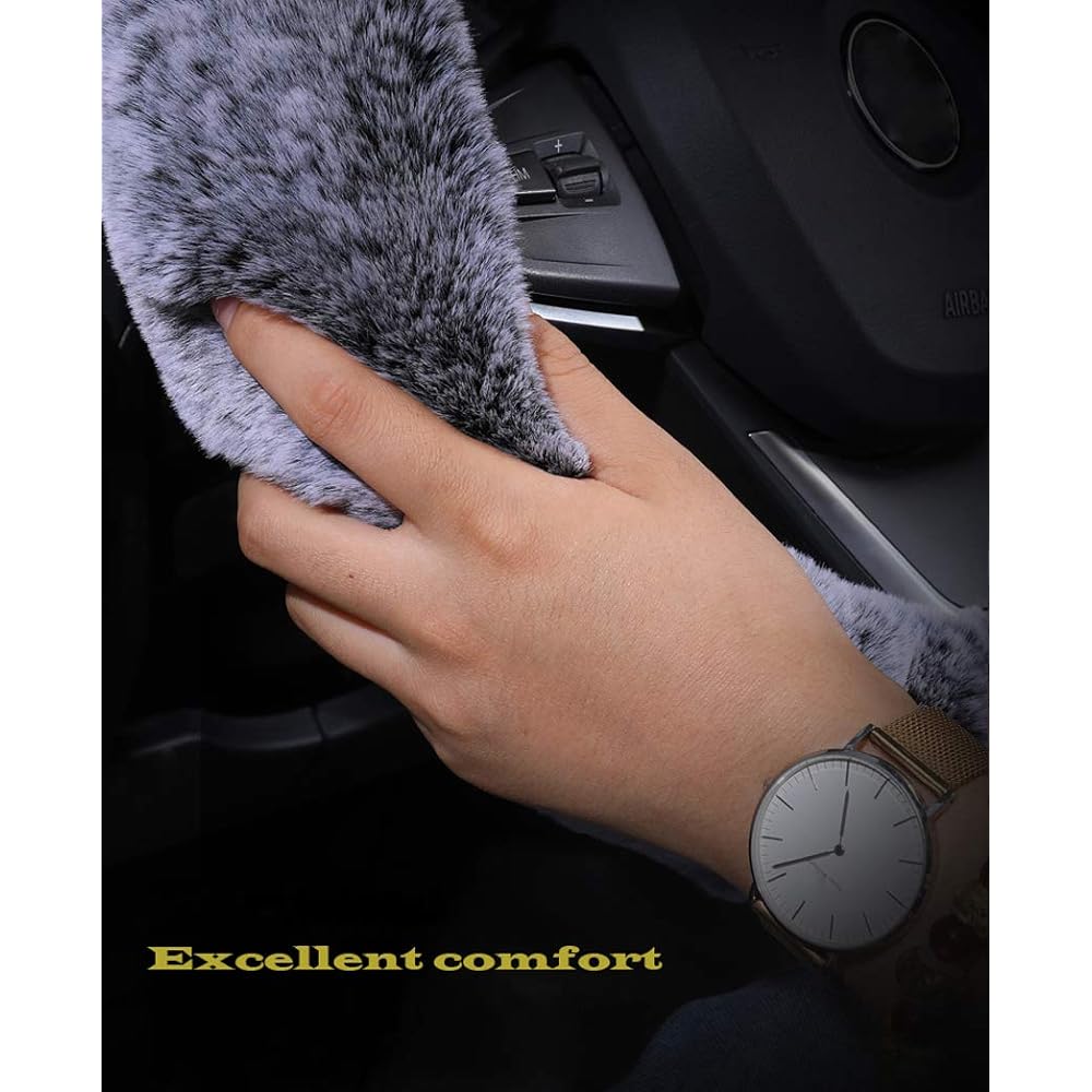 Set 3 points Ladies Fashion Winter Winter Wool Furfur Soft Fur Steering Wheel Cover Gray Blue Fluffy Fluffy Hand Brake Gear Shift Cover Warm Slipping Card Conclusion Long Hair