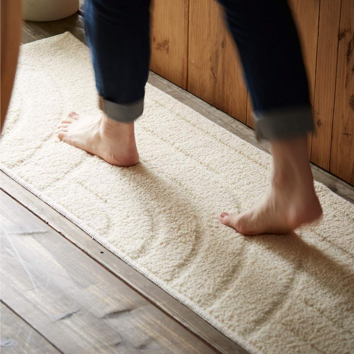 San-Luna Bath Mat 45 x 60cm [Cotton Ridge] 100% Cotton Washable Made in Japan Anti-Slip Stylish Cute Cotton Ivory Foot Mat