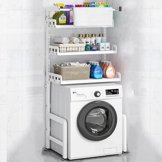 Laundry Rack, Laundry Rack with Shelf, Laundry Storage, Movable Shelves and Towel Bar, Laundry Rack with Shelf, 3 Shelf Type, Hanger Bar Included [Stepless Height Adjustment] Can be installed even on steps, Load Capacity 30kg, Space Saving (White)