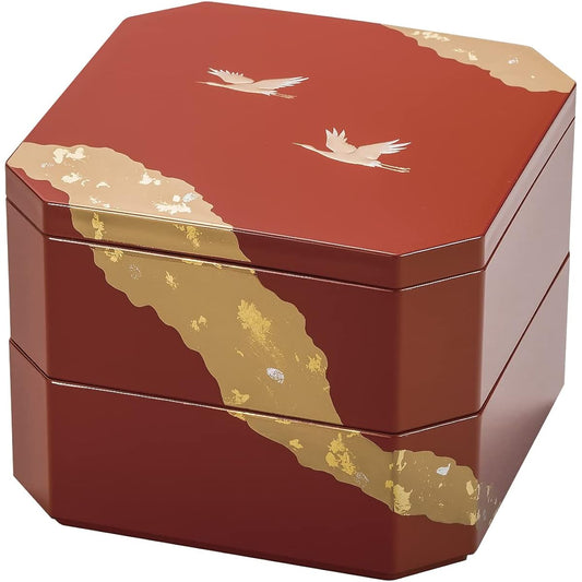 Maeju lacquerware, double box, 2 tiers, 2 tiers, bright vermilion, red, crane, phlogopite, osechi, 17.5cm, square, traditional craft, Yamanaka lacquerware, made in Japan 6R-514